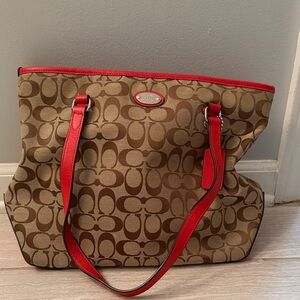 Coach Brown Tote with Red Trim